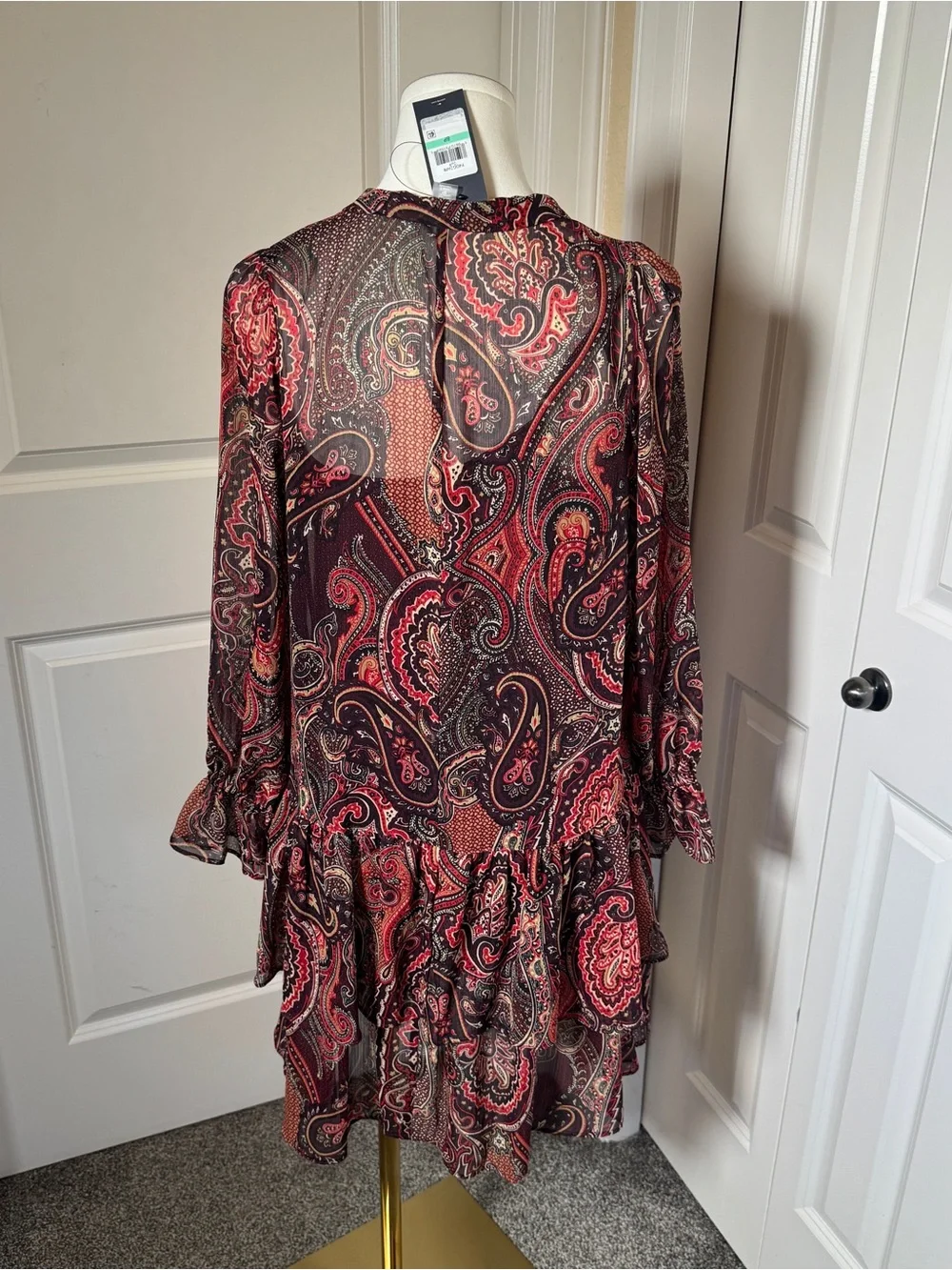 Tommy Hilfiger Paisley Dress 8P Petite Red Burgundy Tie Neck Ruffle Sleeve Boho - Picture 5 of 9